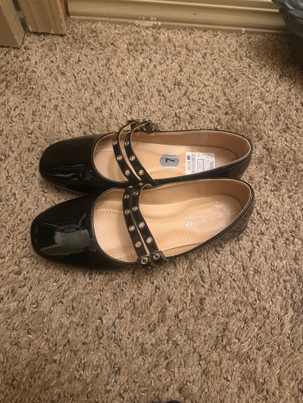 Black Patent Mary Jane Flats with Stud Straps